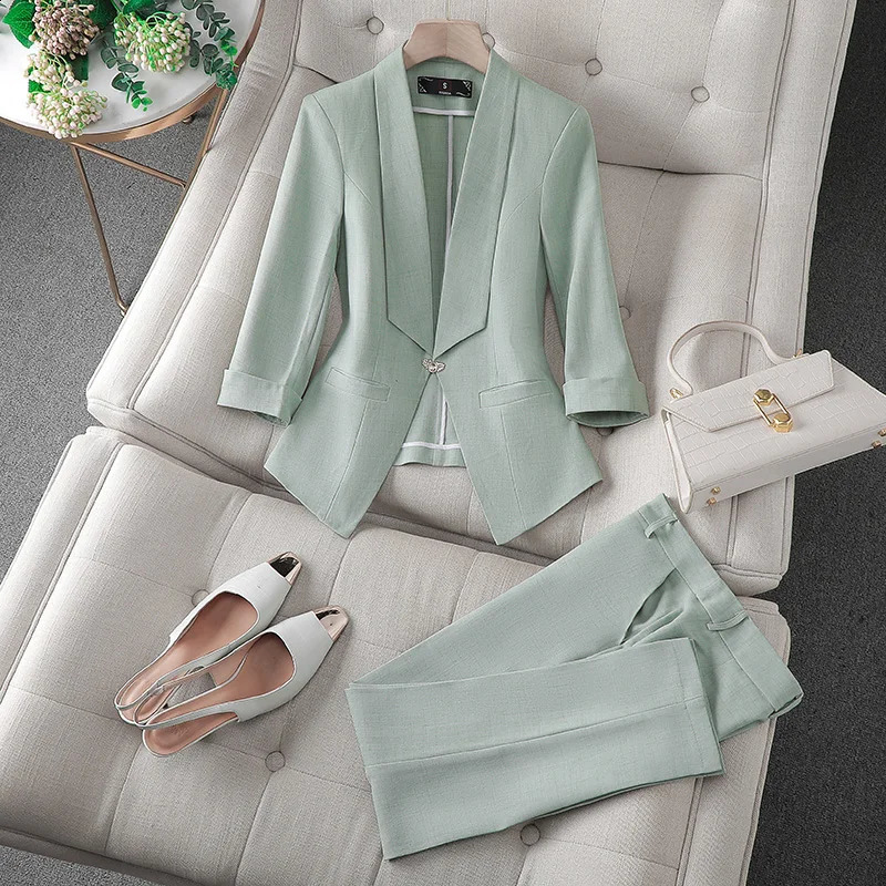 Spring Summer Flanged Casual Jacket Blazer Slim Pencil Pants Elegant Womens Pants Suit Office Manager Outfits Two Piece 250206