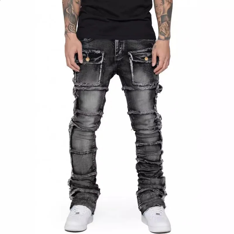 Stretchy Retro Cargo Jeans Men Ripped Washed Pants Straight Leg Male Patched Denim Trousers Y2k Hip Hop Streetwear Trouser 250206