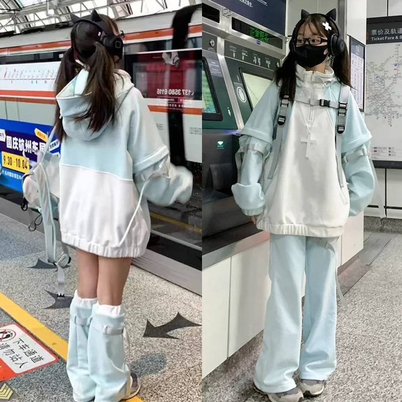 Japanese Subculture Sense Hoodies Autumn Y2k Kawaii Hoodie Suit Blue Sweet Oversized Womens Loose Casual Clothing 250206