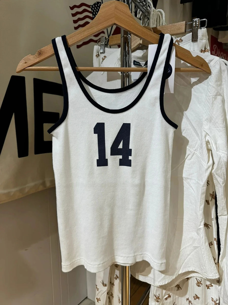 14 Print Ribbed Slim Tank Top Woman Spring U Collar Sleeveless Cotton Camisole Top Casual Vintage Streetwear Sweet Vest Y2k Tops 250206