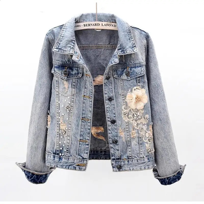 Womens Denim JacketsSequin with Rhinestones Hole Sale Cinched Waist Print Graphic Slim Diamonds Female Jeans Coats Ripped 250122