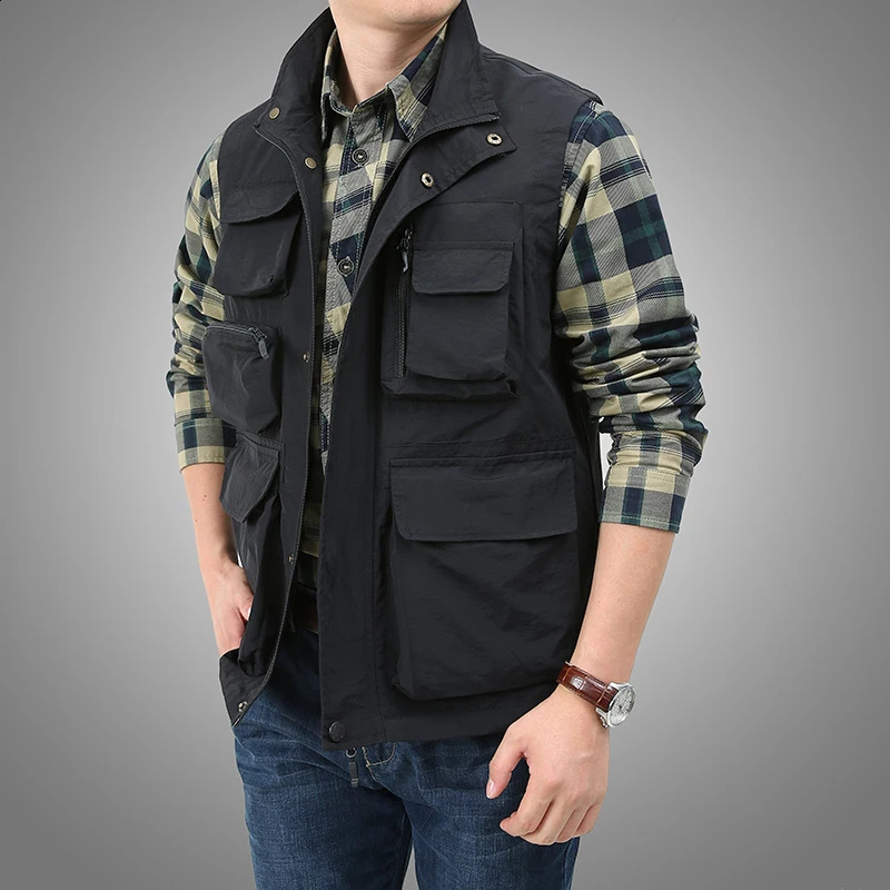 Men Tactical Hiking Fishing Vest Multi-pocket Pographer Waistcoat Outdoor Leisure Male Thin Cargo Jacket Vests M-5XL 250206
