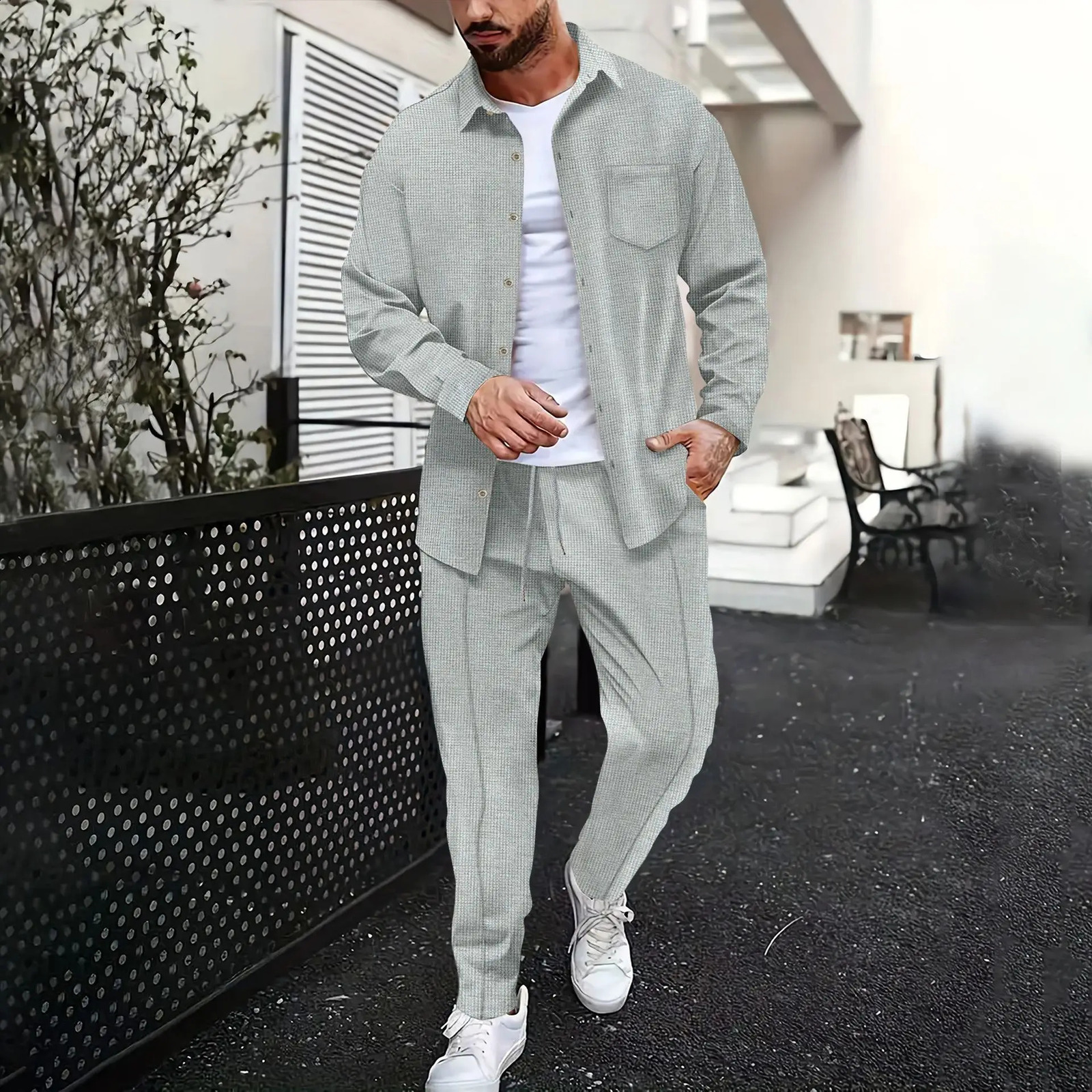 Spring and Autumn men waffle solid color two-piece trend lapel long-sleeved shirt and trousers casual outdoor sports suit 250121