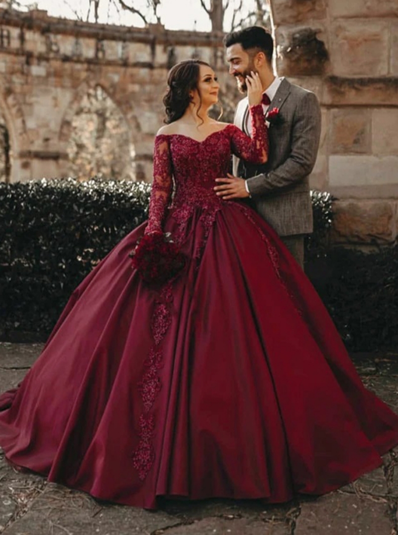 Elegant Burgundy A-Line Wedding Dresses Beaded Lace Long Sleeves Appliques Satin Long Bridal Gowns 2025 Arabic Dubai Vestdio De Novia