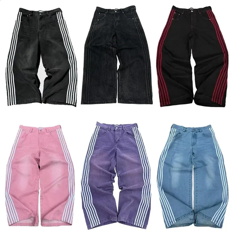 Y2K men Jeans Harajuku clothes Striped Embroidered high quality fashion streetwear men women Baggy Casual Hip Hop wide leg jeans 250206