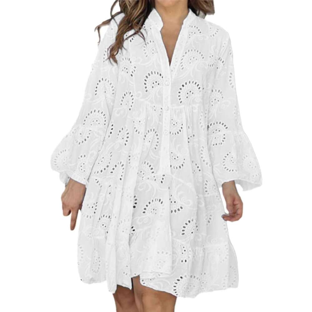 Plus Size S-5XL Hollow Out Dresses for Women Summer Elegant Solid Embroidered Lace Loose Holiday Beach Mini Dress White R250206