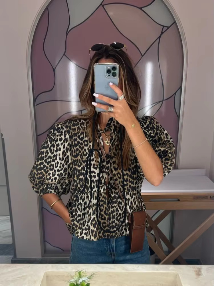Vintage Women Spring Summer Leopard Print Lace Up Blouses Fashion Short Sleeve Single Breasted O Neck Tops 2025 Chic Streetwear