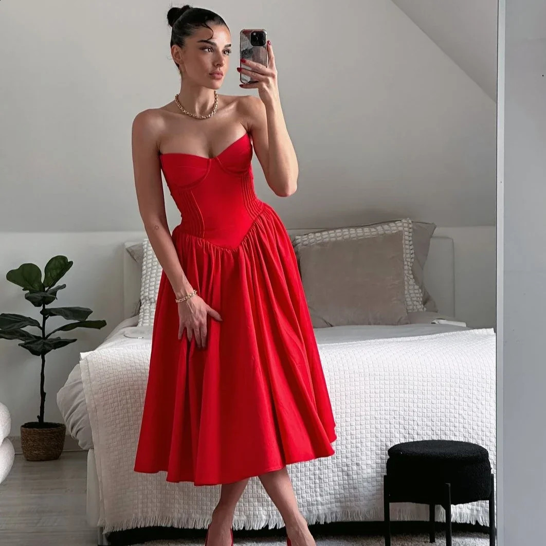 Suninheart Women Red Strapless Dress Sexy Arrivals Midi Casual Holiday Birthday Party Dresses Female 250206