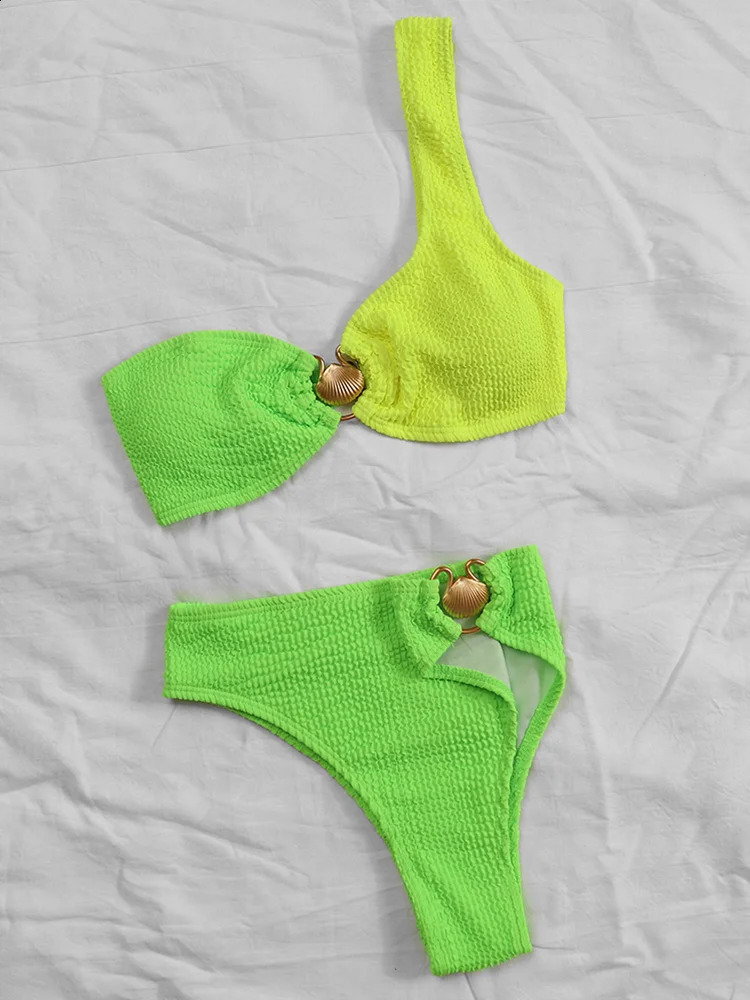 Shell Patchwork Swimwear One Shoulder Swimsuit Women Sexy Bathing Suit High Cut Bikini Sets Thongs Biquini Brazilian Beachwear 250121