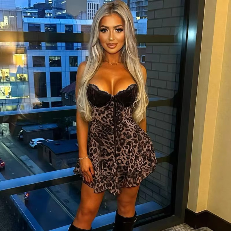 Tuularose Leopard Short Women's Sexy Spaghetti Straps Sleeveless Backless Y2k Party High Street Lace Up Dress