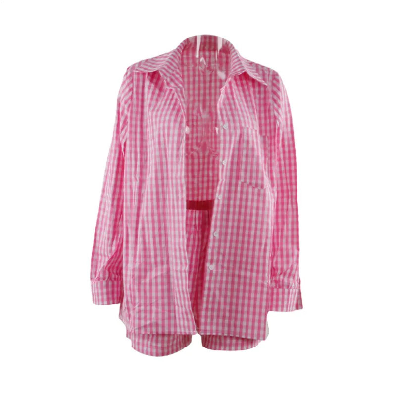 Women 2 Pieces Suit Set Female Striped Plaid Turn-Down Collar Long Sleeve Shirt Short Pants for Spring Autumn 250121