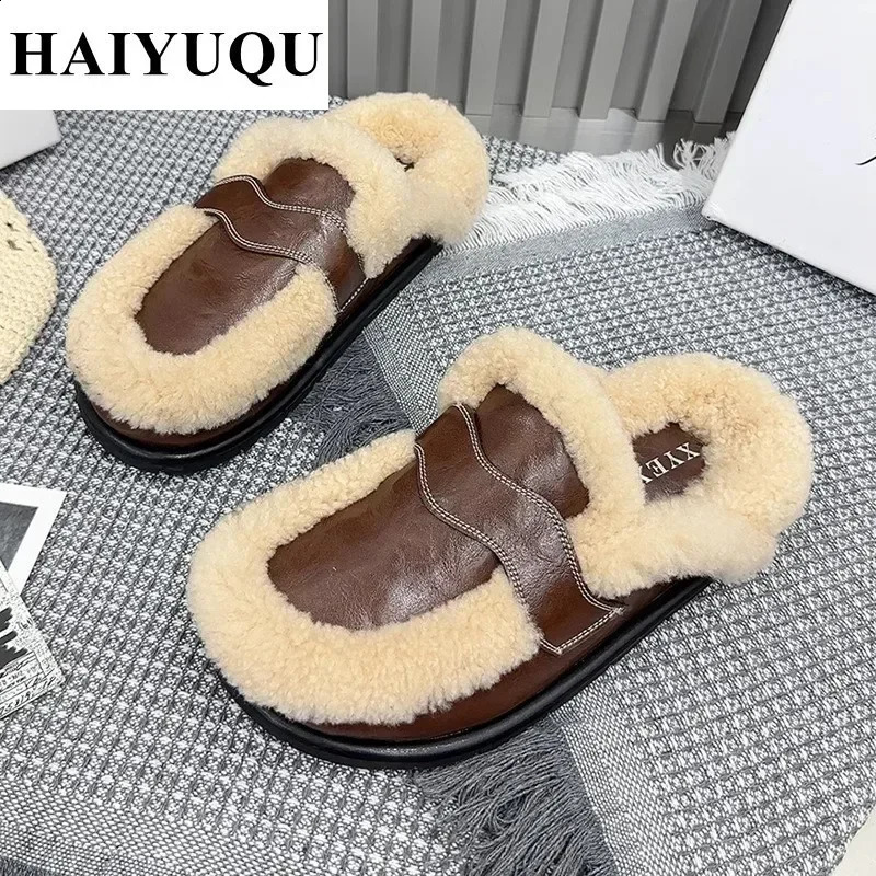 Flats Platform Cotton Slippers Women Fur Mules Shoes Winter Plush Warm Slides 2025 Trend Casual Snow Boots Soft Leather Cozy 250120
