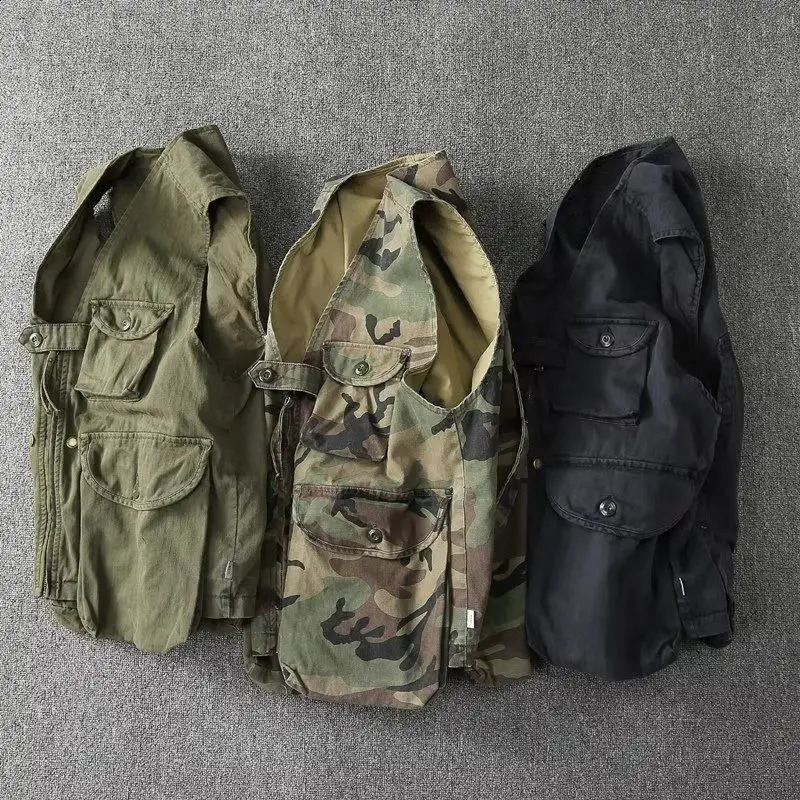 Gmiixder American Multi-pocket Retro Work Vest Men Korean Cargo Waistcoat Outdoor Canvas Trend Vest Motorcycle Jacket 250206