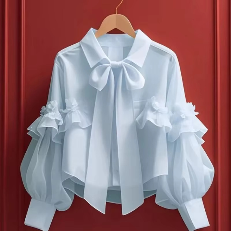 Spring Autumn Bow Blouses Solid Ruffles Vintage Sweet Women Shirts Korean Fashion Puff Sleeve Elegant Camisas
