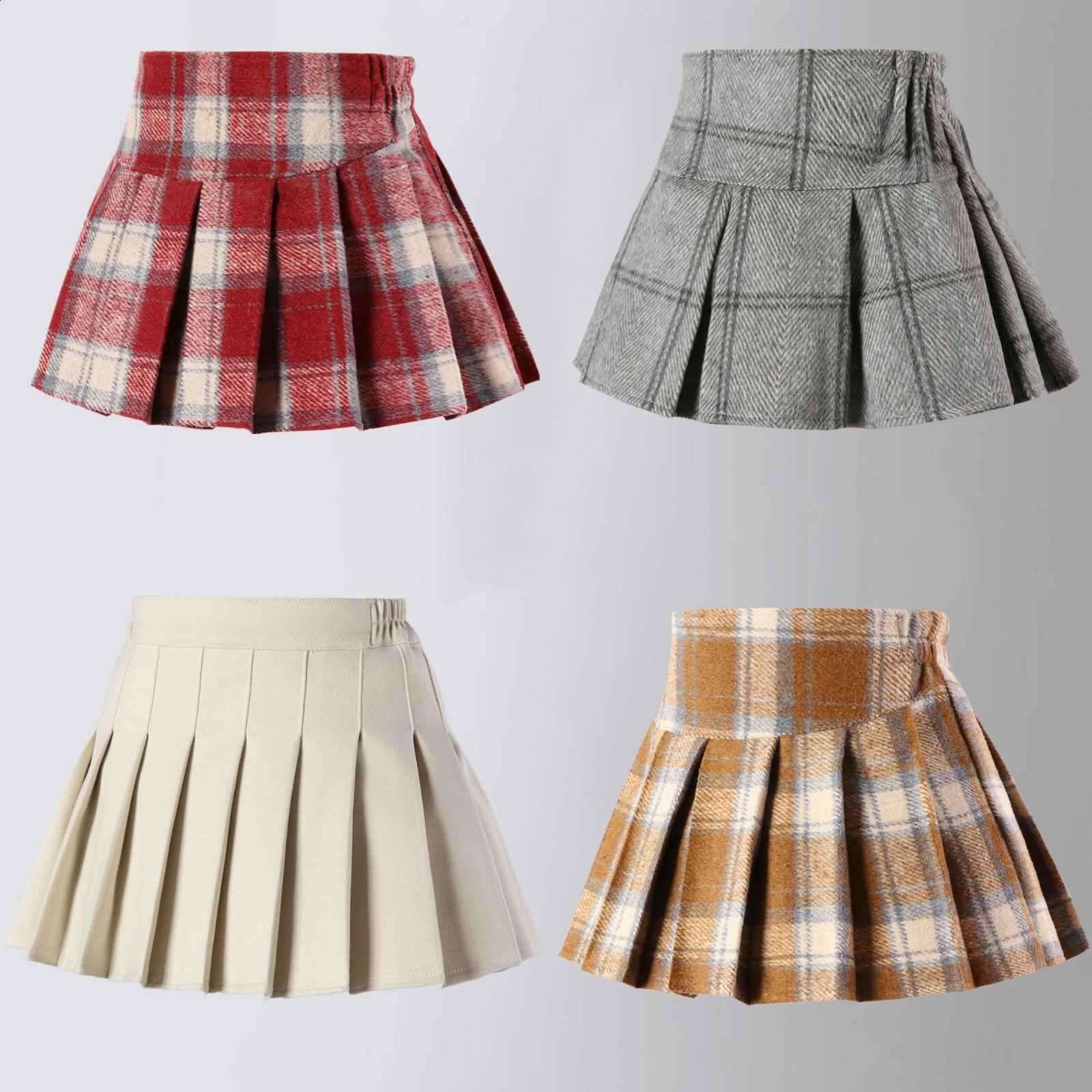 Girls Woolen Plaid Skirt Autumn Winter Thicken Warm A-line Short Skirt College Style Red Year Christmas Costume Kids Clothes 250206