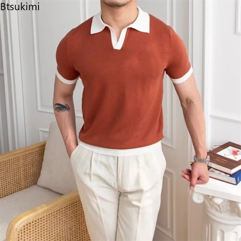 Fashion Mens Elegant Knitted Polo Shirts Casual Versatile Lapel Tees Summer Breathable Loose Tops for Men Clothes 250122
