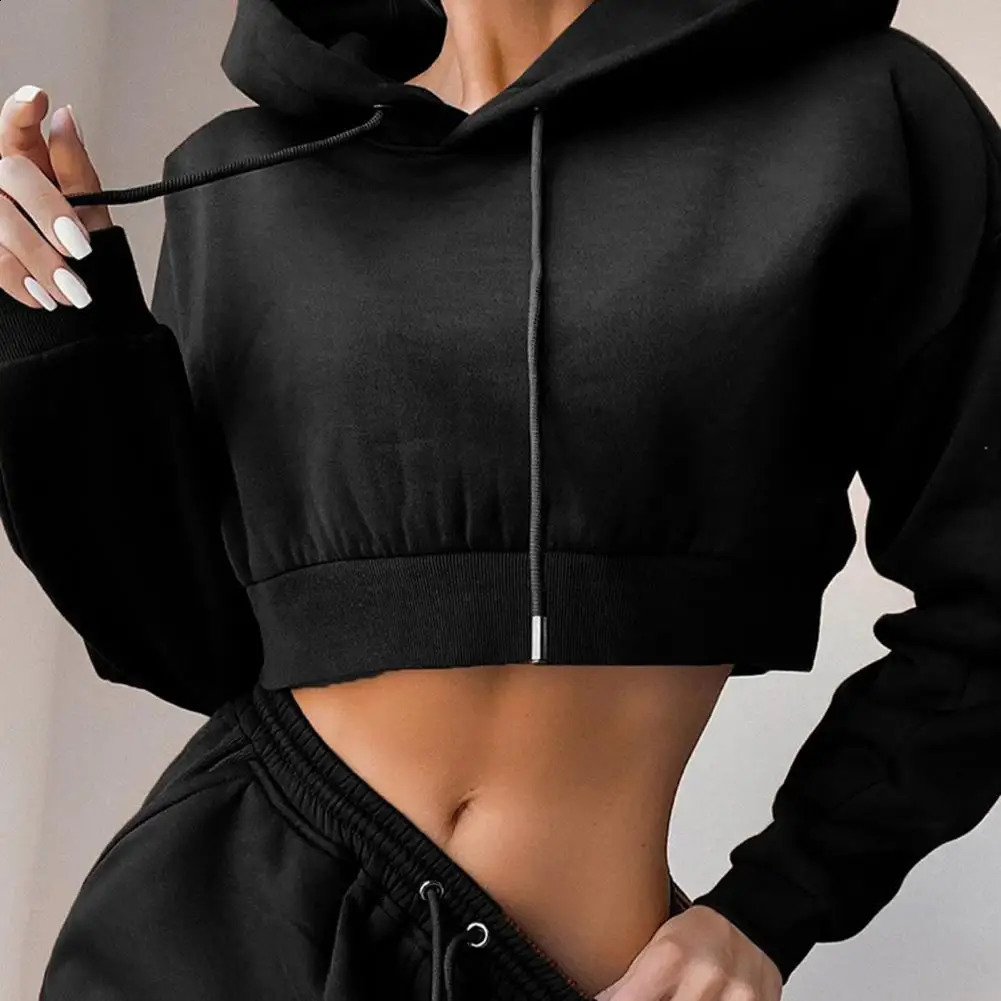 2 Pcs Women Fall Hoodie Pants Set Long Sleeve Thick Hooded Short Top Elastic Waist Loose Sweatpants Winter Tracksuit Pansuit 250122