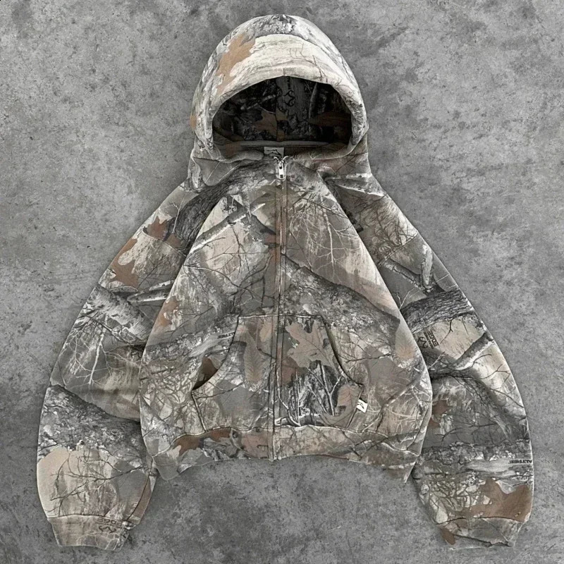 2000s Hip Hop Streetwear Oversized Camouflage Zipper Sweatshirt Retro American Street Hoodie Unisex Casual Camo Hoodie 250206