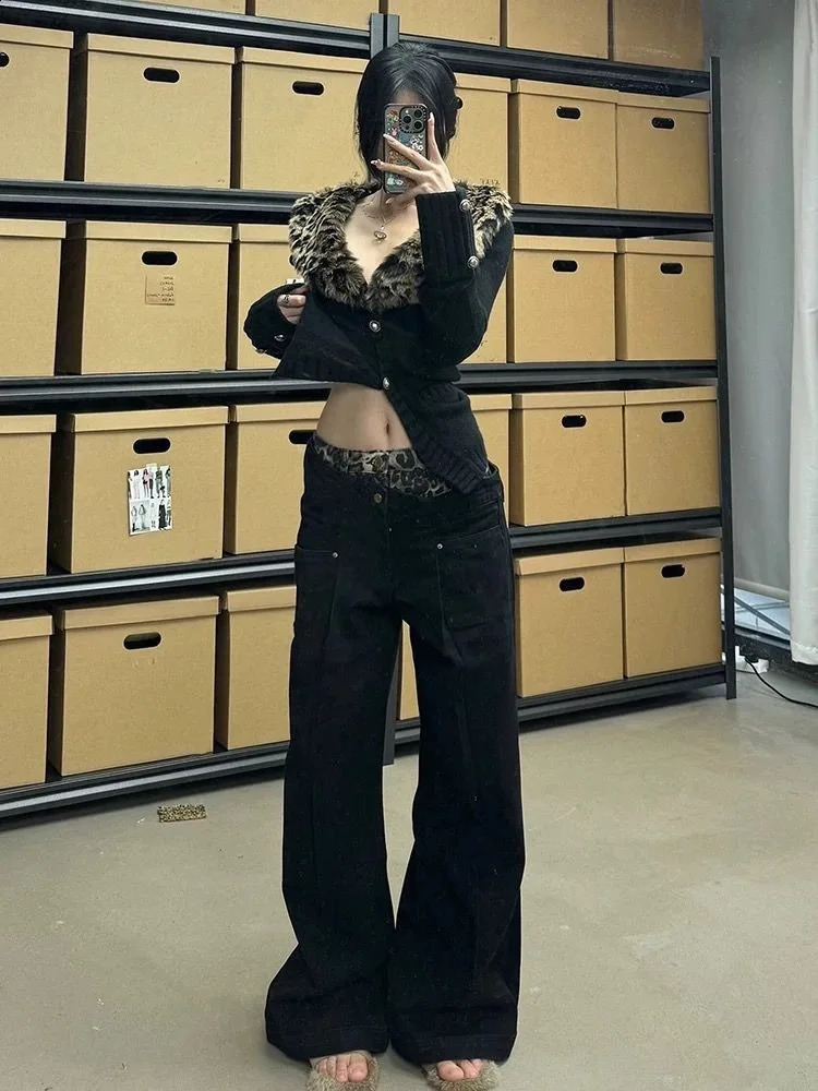 American V-neck Leopard Print Fur Collar Cardigan Autumn Winter Sweaters Coat Y2k Slim Fit Long Sleeve Tops Women 250122