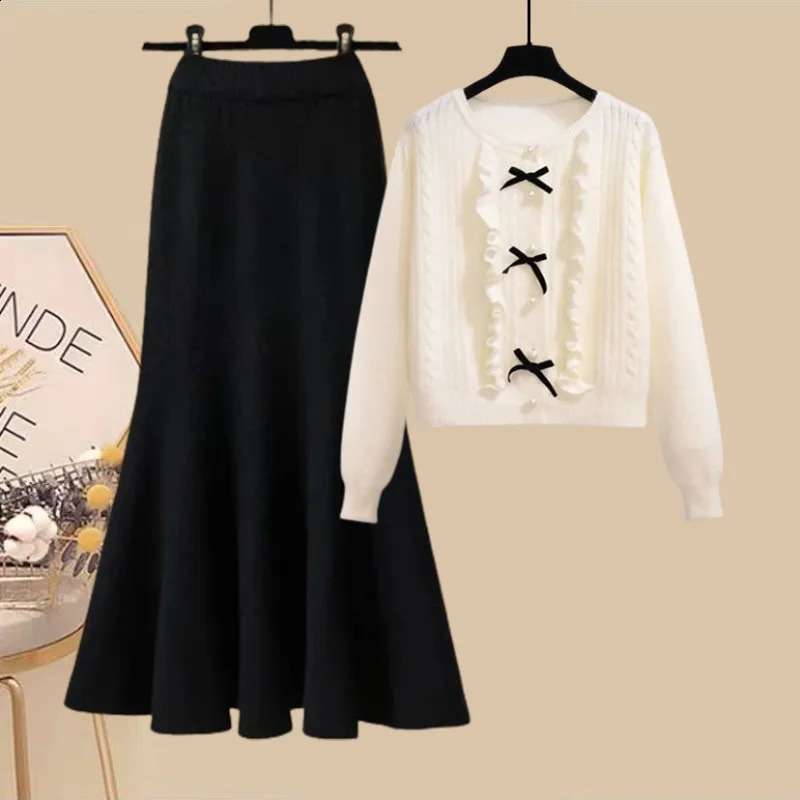 Spring and Autumn Set Womens Korean Style Slim Knitted Sweater Fish Tail Half Skirt Two Piece Fashion 250120