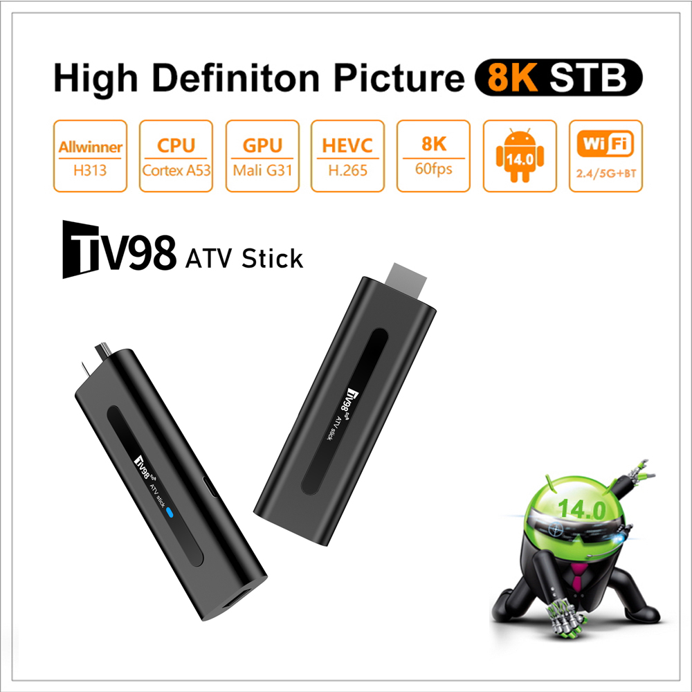 TV98 ATV Smart TV Stick Android 14 ATV Allwinner H313 Support 4G 5G Wifi HD 4K 8K TV Box BT5.0 2GB 16GB Voice remote TV Box