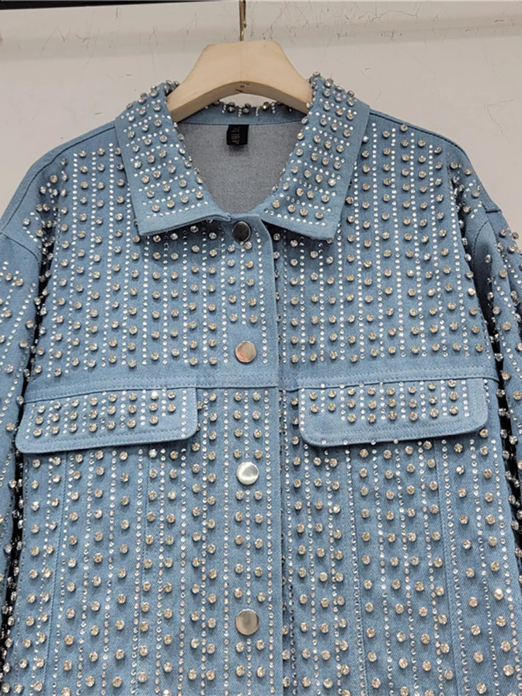 DEAT Womens Denim Coat Full Diamonds Rhinestone Single Breasted Long Sleeve Loose Blue Jackets 2025 Spring Fashion 29L2110 250116