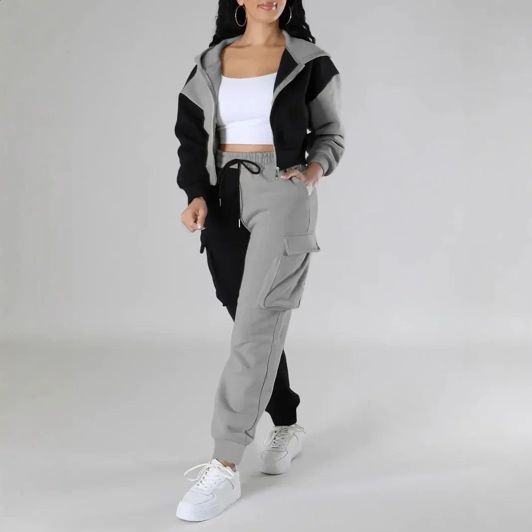 Women Loose Autumn Winter Two Pieces Suit Matching Sets Hoodie Tracksuit Blocked Zipper Short Outerwear Drawstring Cargo Pants 250121
