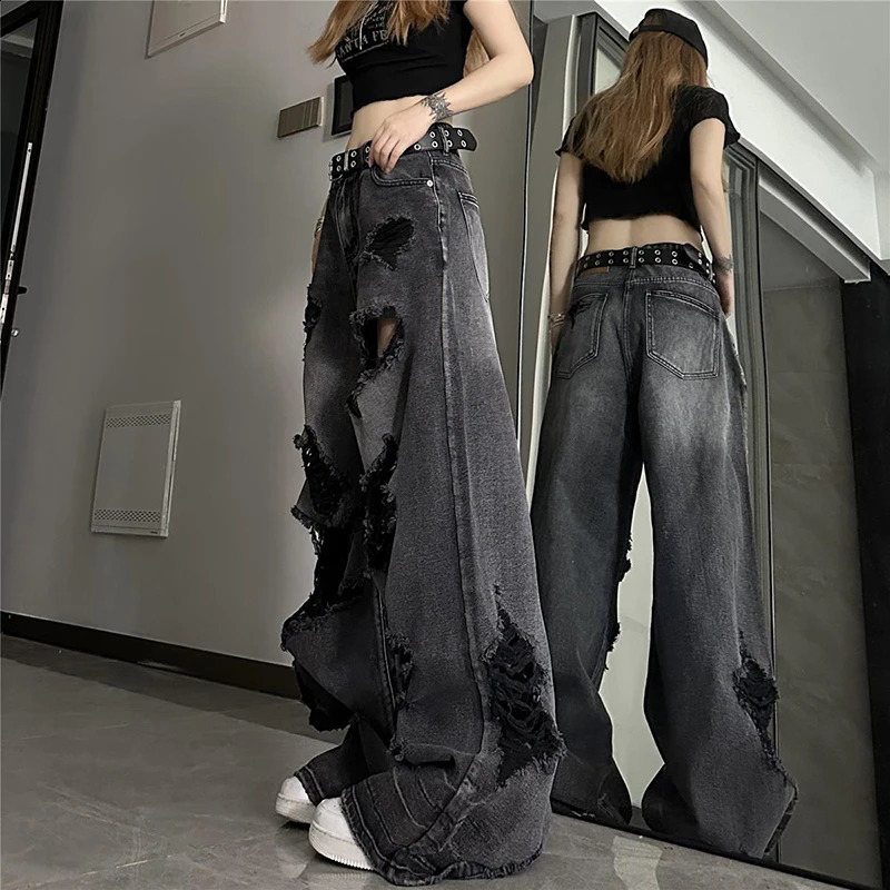 American Y2K Vintage Ripped Women Denim Pants Summer High Street Casual Jeans Ladies Wide Leg All Match Female Trousers 250121