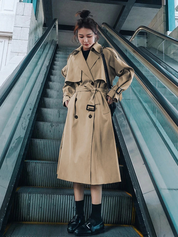 Spring and autumn khaki trench coat suitable for elegant women Korean loose coat casual streetwear windproof 250118