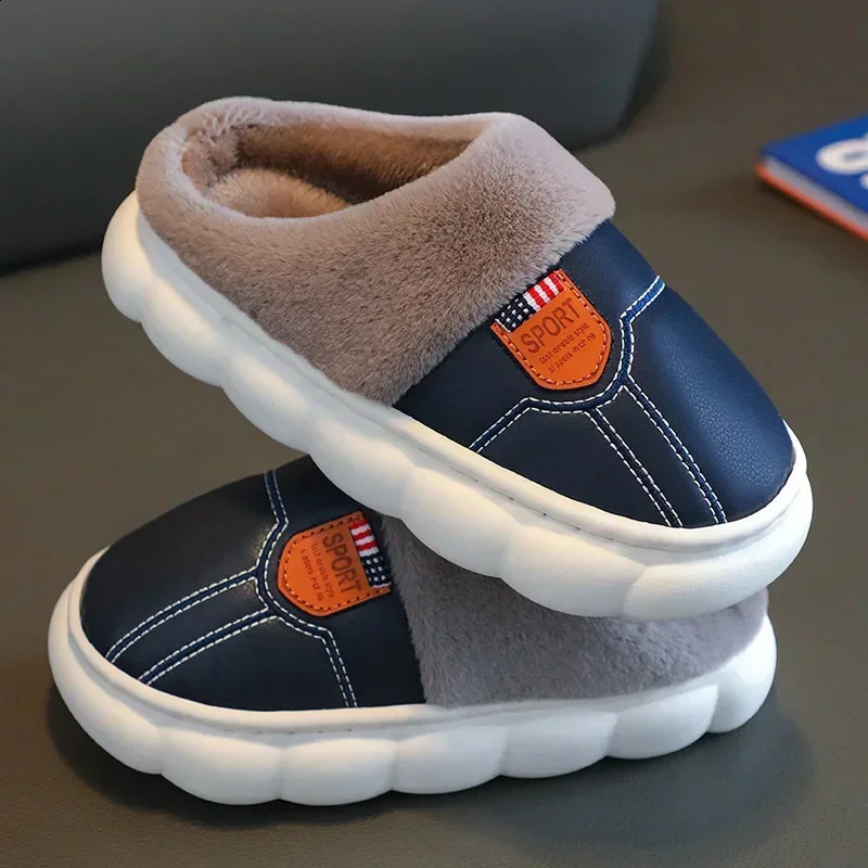 Children Cotton Slippers Princess Shoes Kids Warm Winter Waterproof Leather Furry Slippers Little Girl Boy Soft Sole Baby Shoes 250206