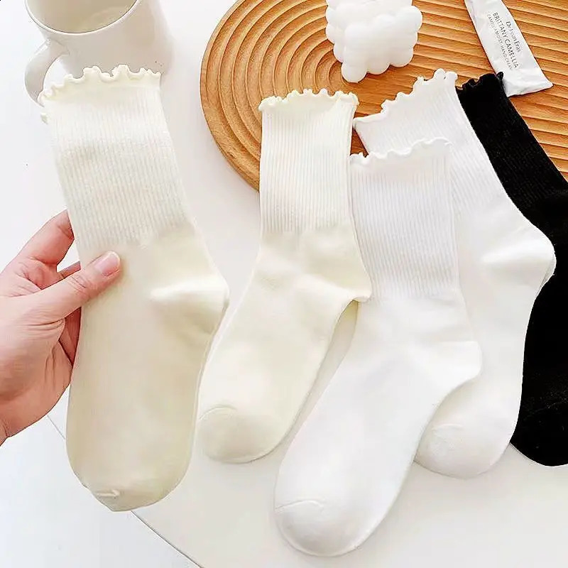 3 Pairs/lot Women Ruffle Lace Cute Socks Polyester Cotton Loose Autumn Winter Knitting Solid Color Long Breathable Mid Tube Sock 250121