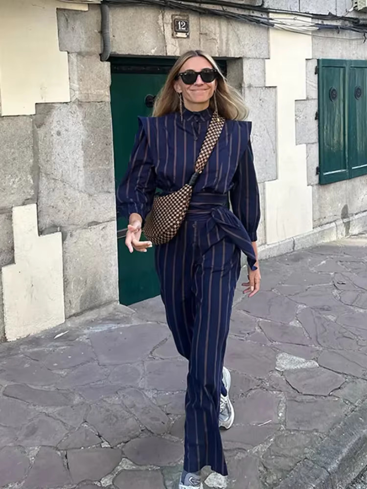 Spring Striped Slim High Waist Pants Sets Women Print Lace Up O-Neck Full Sleeve Shirt Top Suit 2025 Lady Streetwear Outfits
