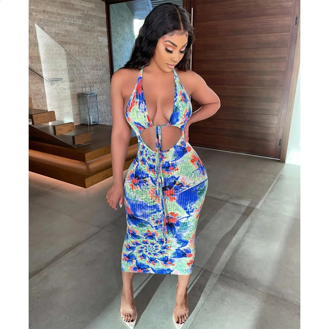 CM.YAYA Beach Tie Dye Print Halter Neck Womens Midi Dress Sexy Night Party Open Back Sleeveless Ribbed Bodycon Pencil Dresses 250206