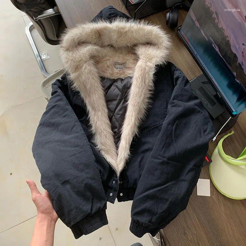 Women's Jackets Y2K Fashion Simple Retro Fur Collar Cotton Hooded Jacket Women Winter Streetwear Loose Veet Warm Haruku Casual