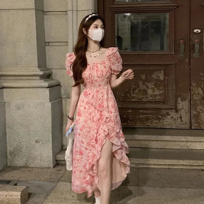 Short Sleeve French Elegant Dress Beach Floral One Piece Beach Midi Dress 250206
