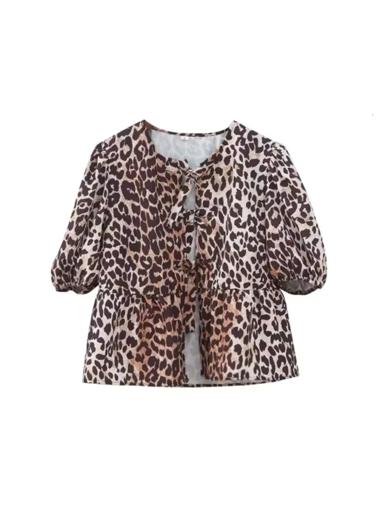 Vintage Women Spring Summer Leopard Print Lace Up Blouses Fashion Short Sleeve Single Breasted O Neck Tops 2025 Chic Streetwear
