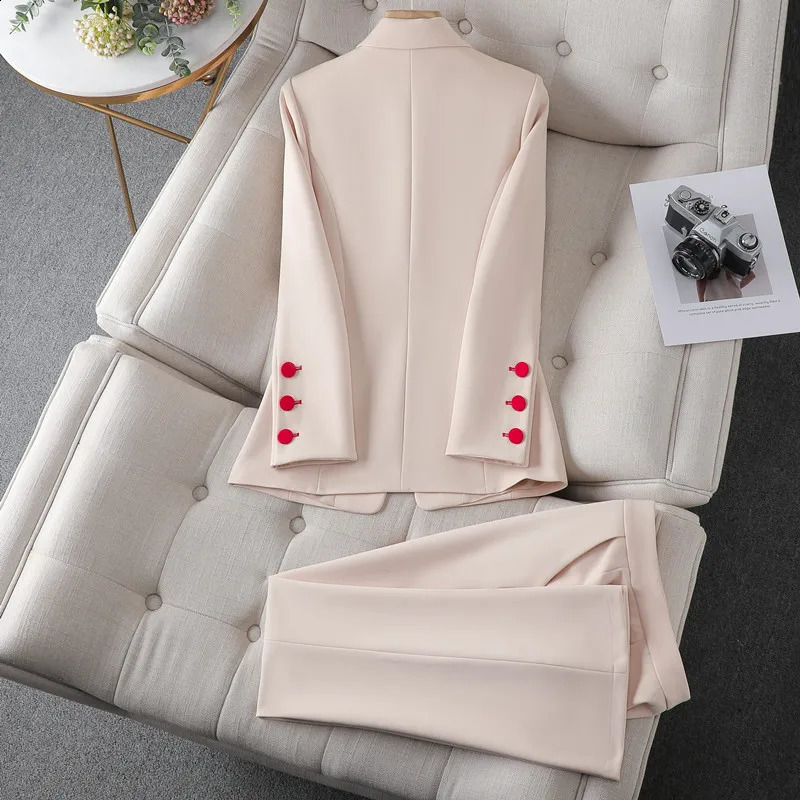 Apricot Suits Women Autumn High End Fashion Business Temperament Slim Blazer And Flare Pants Office Ladies Work Wear 250206