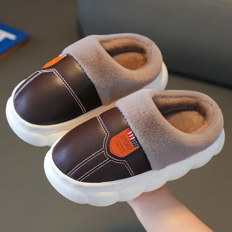 Children Cotton Slippers Princess Shoes Kids Warm Winter Waterproof Leather Furry Slippers Little Girl Boy Soft Sole Baby Shoes 250206