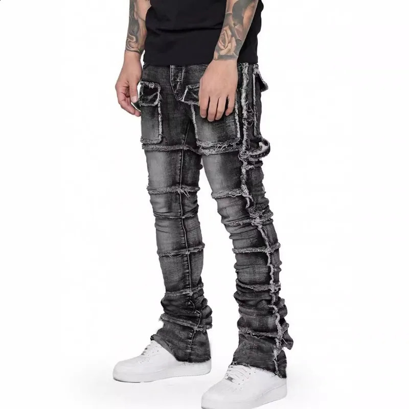 Stretchy Retro Cargo Jeans Men Ripped Washed Pants Straight Leg Male Patched Denim Trousers Y2k Hip Hop Streetwear Trouser 250206