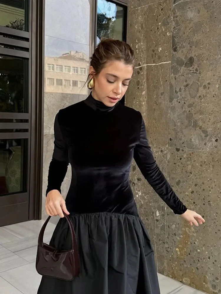 Women Classic Black High Neck Velvet Splicing Dress Fashion Full Sleeve A-line Long Dresses 2025 Lady Highstreet Slim Robes 250122