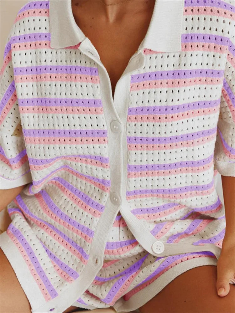 2 Piece Sets Women Striped Contrast Knit Loungewear Button Down Short Sleeve Tops and Shorts Sets Beach Casual Loose Streetwear 250121