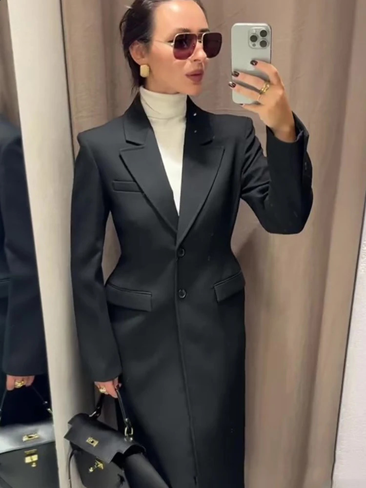Fashion OL Notched Long Blazer Coats Women 2025 Spring In Single Breasted Full Sleeve Suit Jacket Female Chic Street Outwear 250206