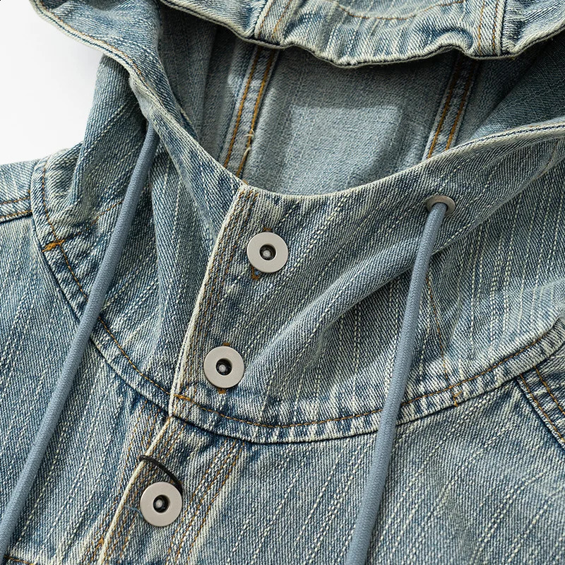 Autumn Japanese Streetwear Vintage Denim Jacket Men Loose Casual Denim Hooded Coat Jeans Jacket Cowboy Spring Outerwear 250206