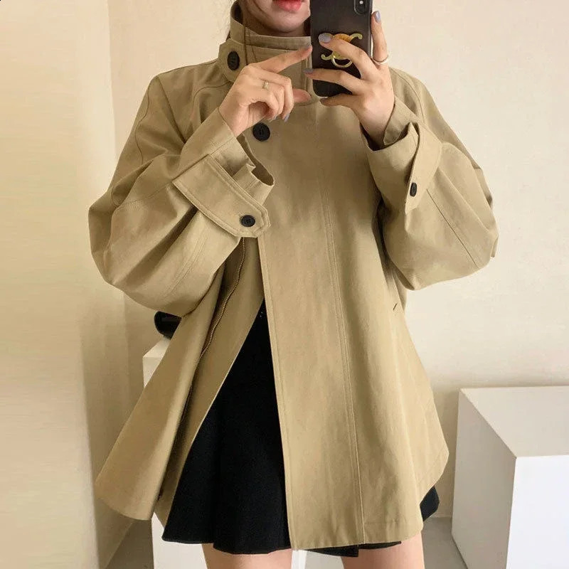 2025 Womens Trench Jacket Korean Vintage Niche Stand Collar Two-button Loose Casual Long Sleeve Trench Jacket Female 250118