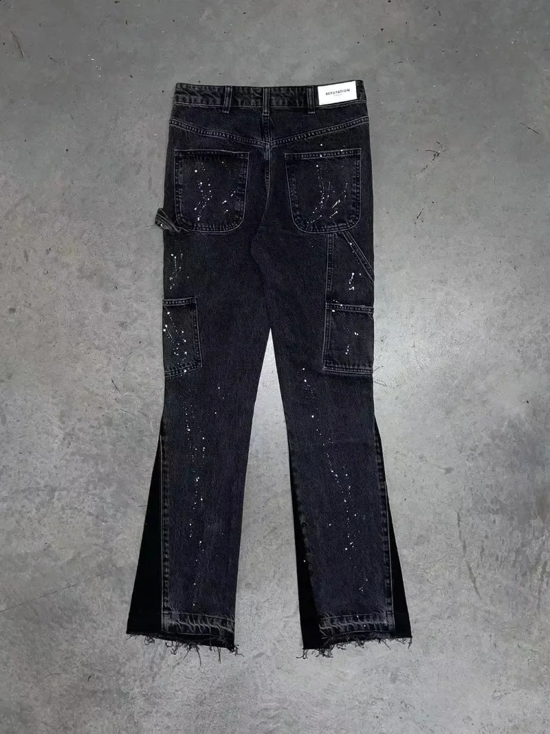 American high street retro sense raw edge micro horn jeans women Y2k dark pants low waist splicing elastic mop pants 250206