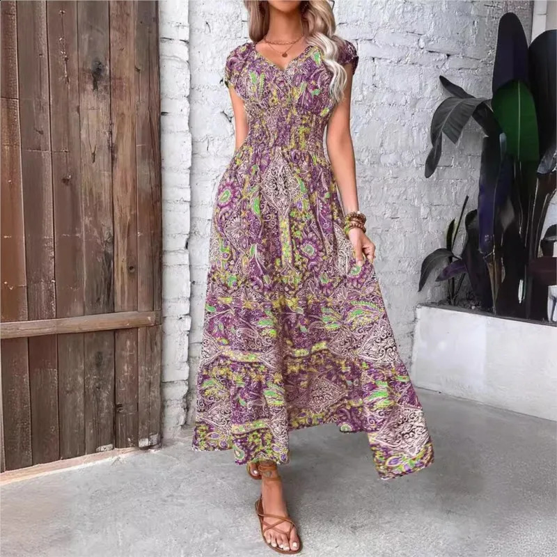 Summer Womens Short Sleeved Dress Long Vneck Cinched Waist Style French Temperament Bohemian Vacation Printed 250121