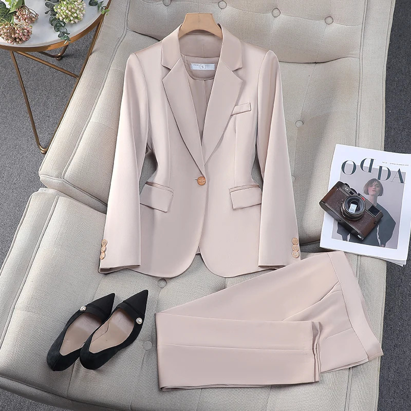 Autumn Winter Two Pieces Suit Women Solid Business Work Single Button Long Sleeves Blazer Coat High Waist Ankle-length Pant 250206