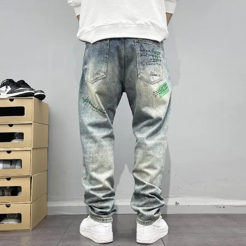 American Retro Street Style Personalized Printed Straight Leg Jeans for Men Loose Fitting Washed High Street Hip-hop Pants 250118