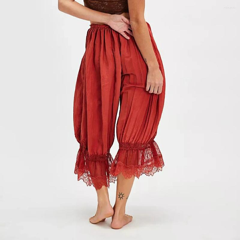 Womens Pants Combhasaki Y2K Loose Fit Bloomers Cropped Drawstring High Waist Floral Lace Patchwork Calf-Length Lantern Trousers