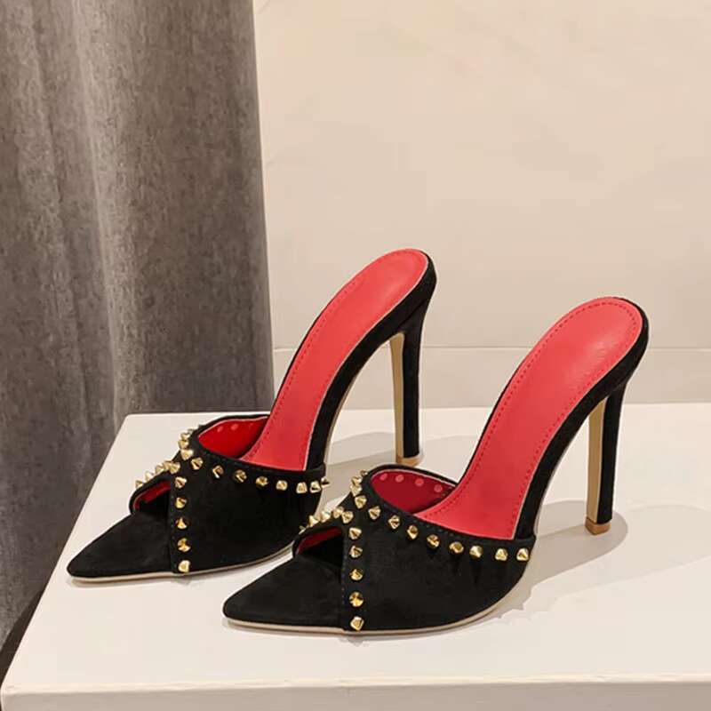 Liyke 2025 Summer Fashion Metal Rivet Designer High Heels Women Slippers Sexy Pointed Toe Party Stripper Shoes Mules Sandals
